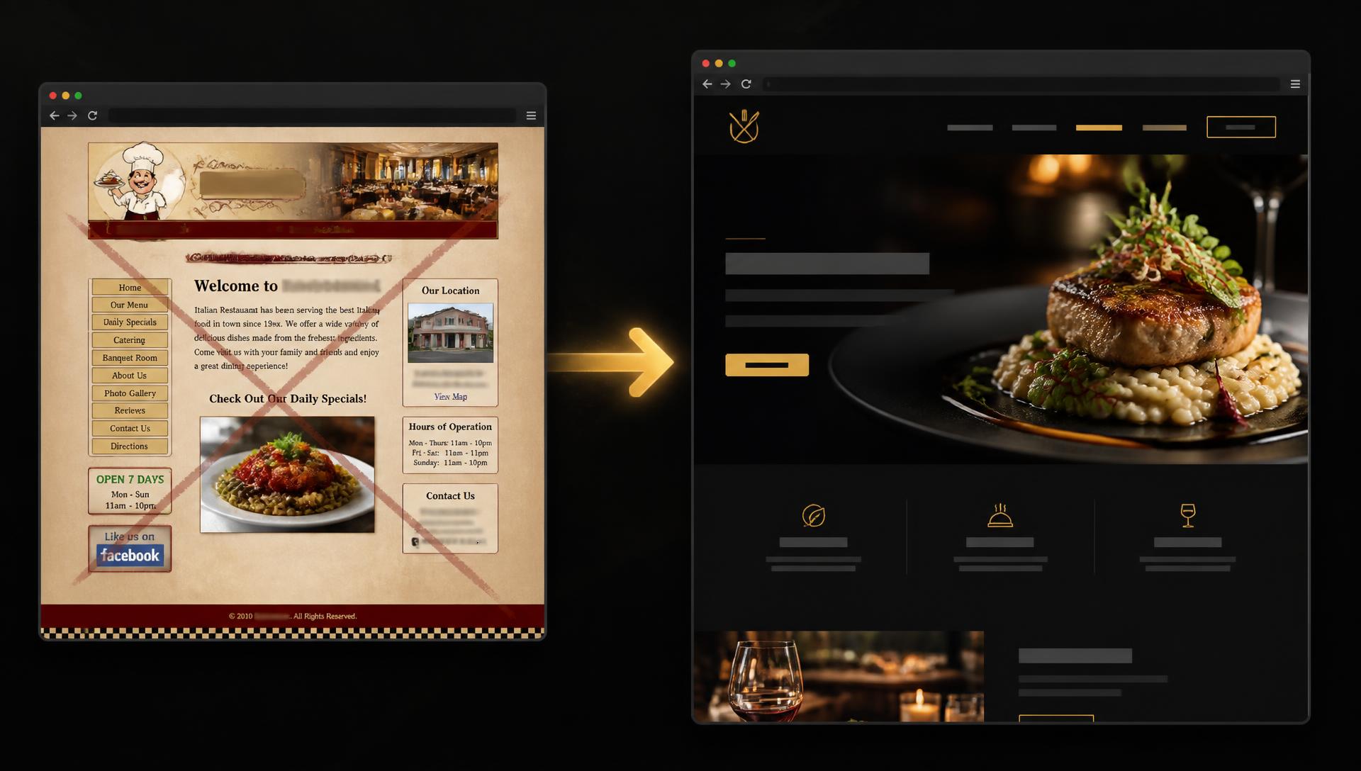 Before and after: a dated restaurant website vs its modern hand-made redesign